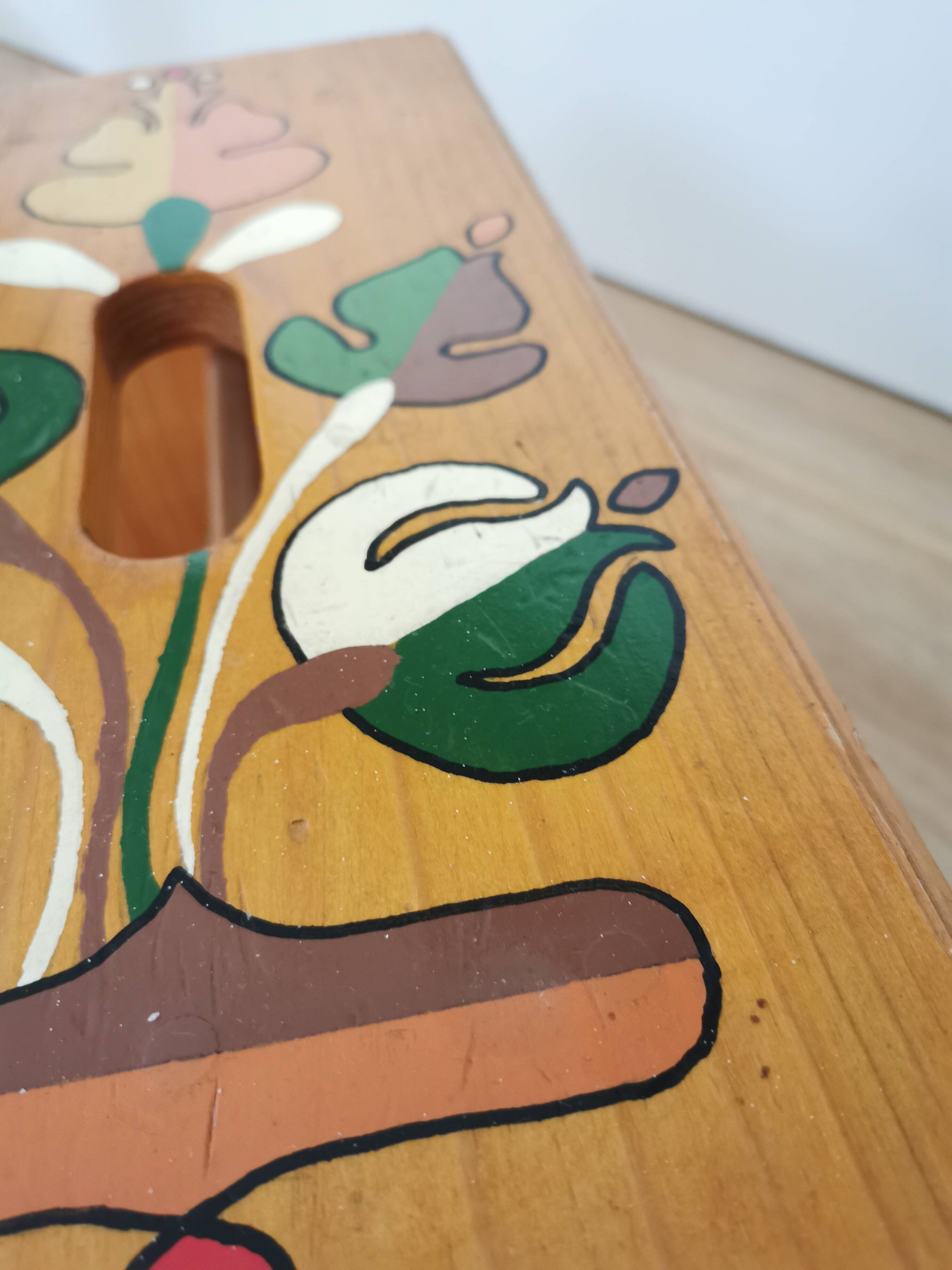 Vintage Hand-Painted Wooden Footstool: Yugoslavian Folk Art Decor