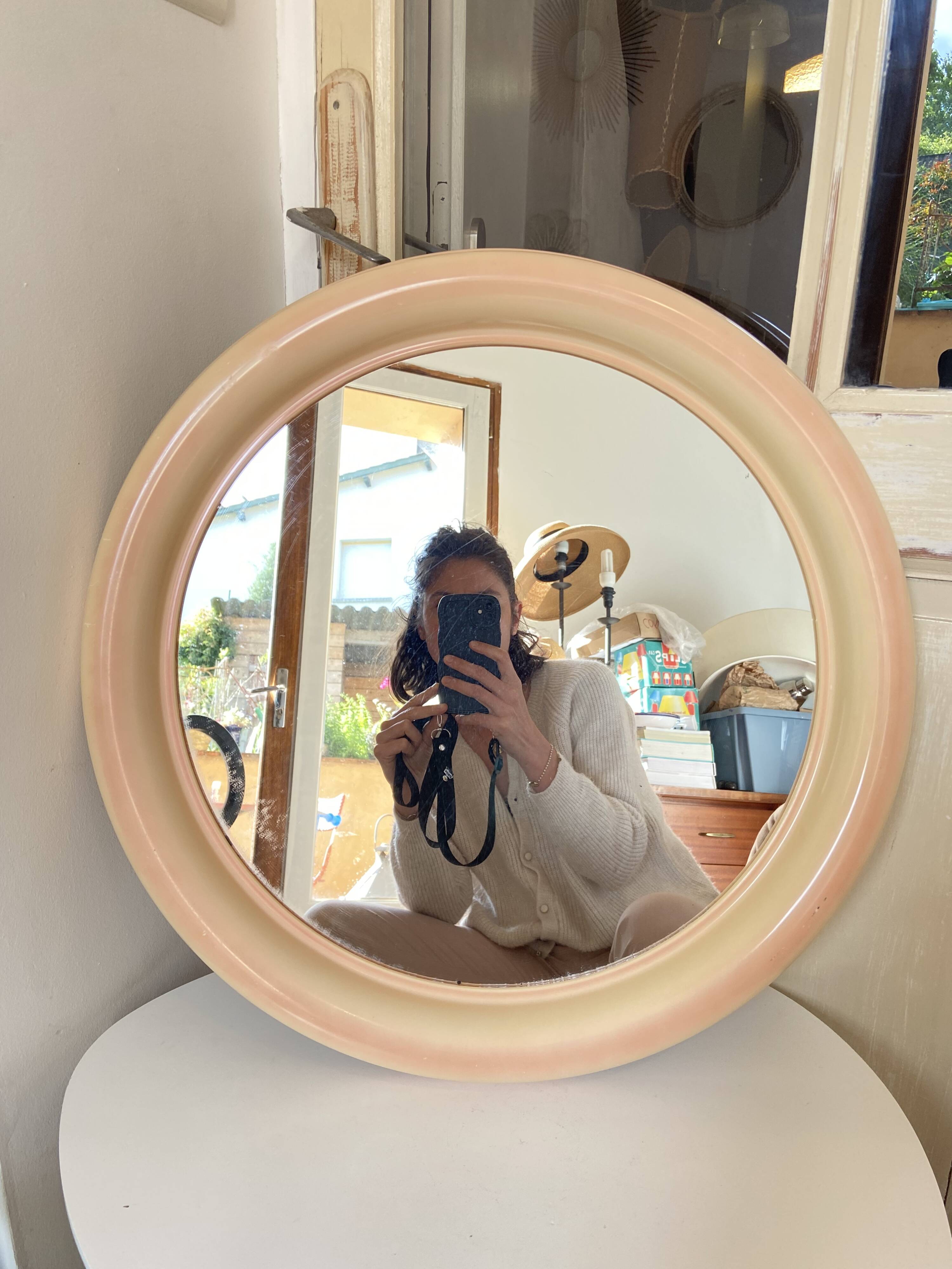 Round Beige and Coral Plastic Wall Mirror from the 70s-80s
