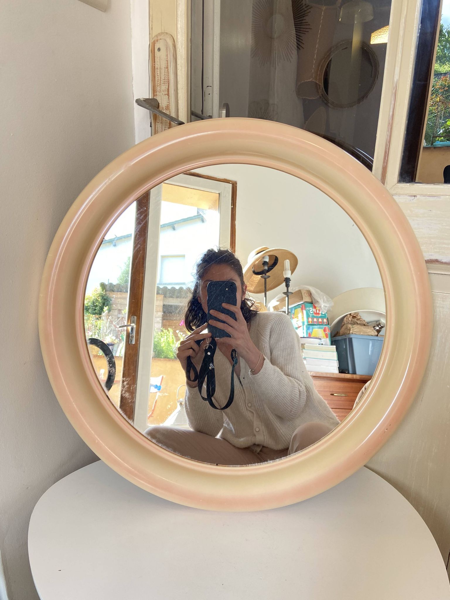 Round Beige and Coral Plastic Wall Mirror from the 70s-80s