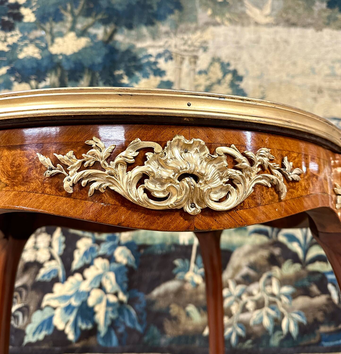 Pedestal table in marquetry and gilded bronzes, louis xv style, napoleon iii period