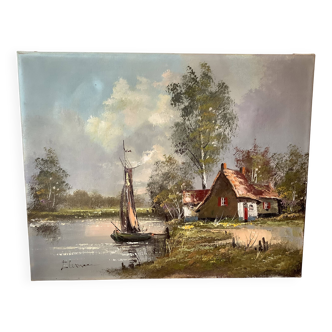 Dutch landscape painting oil on canvas signed