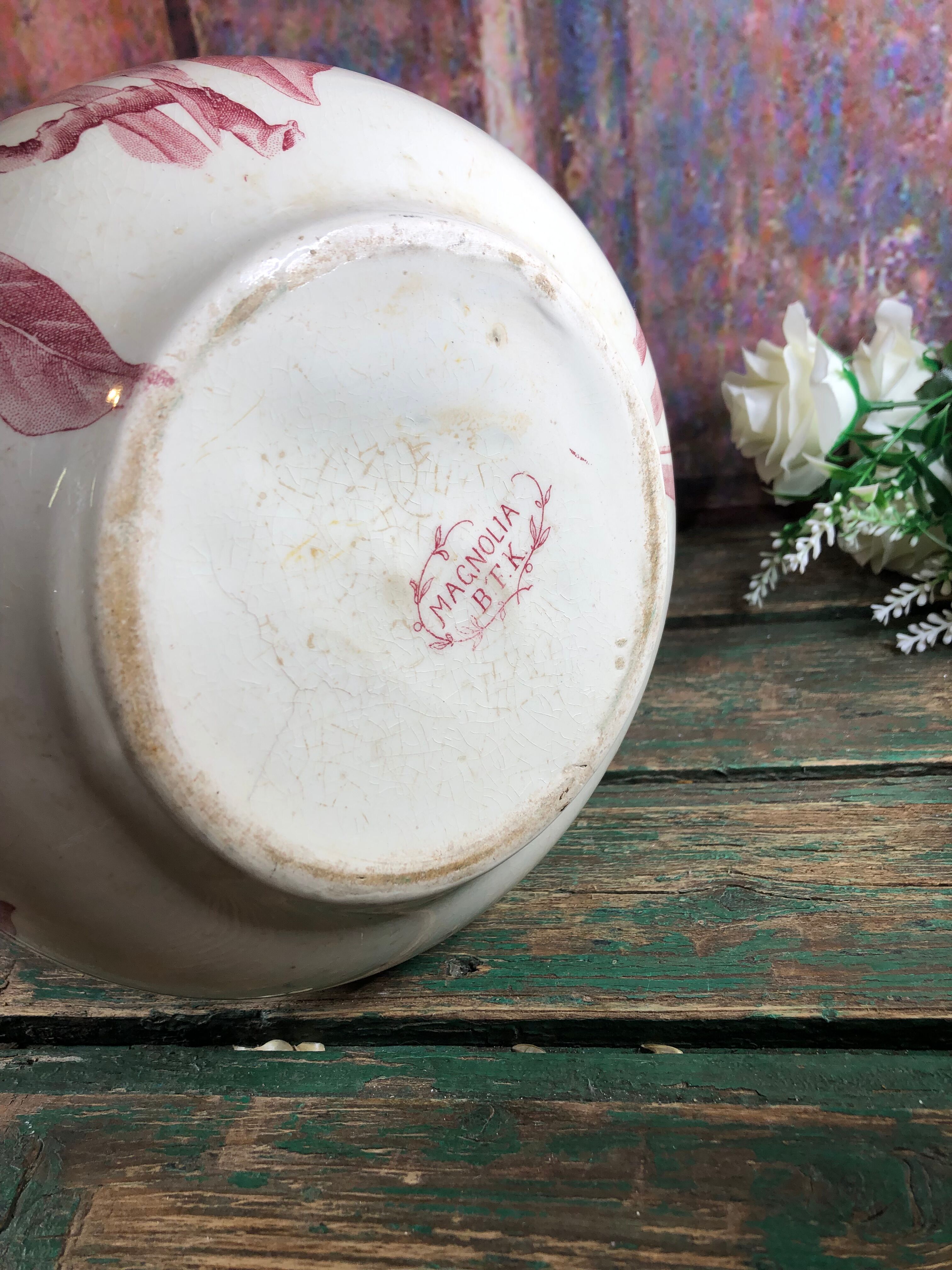Pitcher jug or white broc decorated with pink flowers magnolia shabby chic