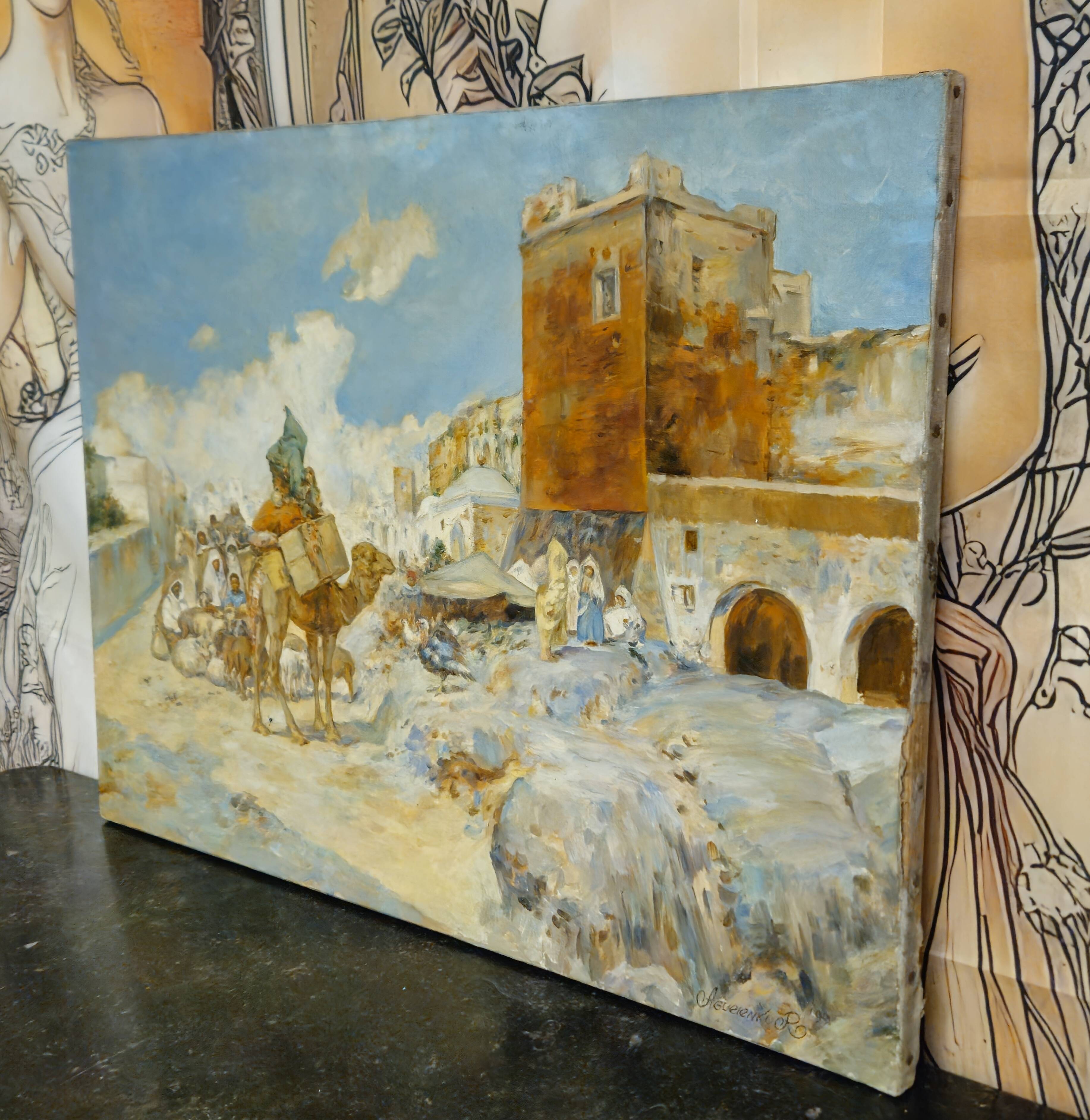 A. Guevenne – Animated Orientalist Scene with Camel – Oil on Canvas -