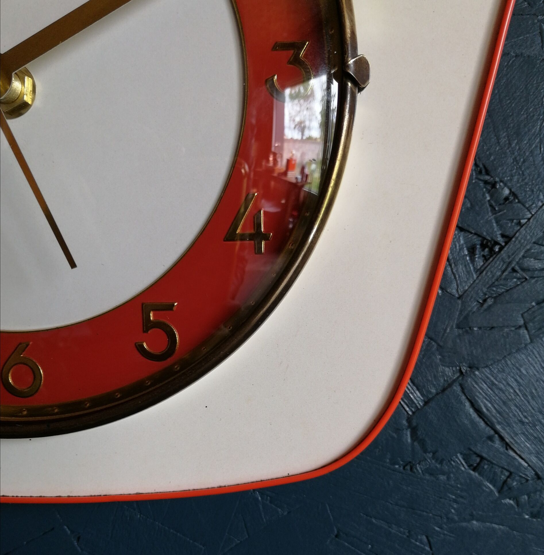 Vintage formica clock silent wall clock "Jaz white orange"