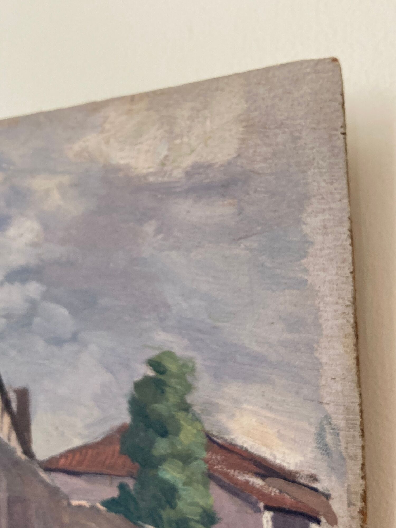 Oil on vintage wood panel / painting representing a village in the Landes