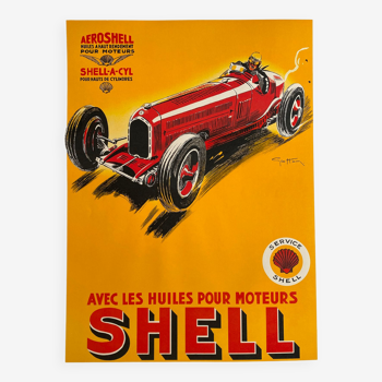 Affiche lithographie "Shell huiles pour moteurs" Automobile, Geo Ham 70x100cm 80's