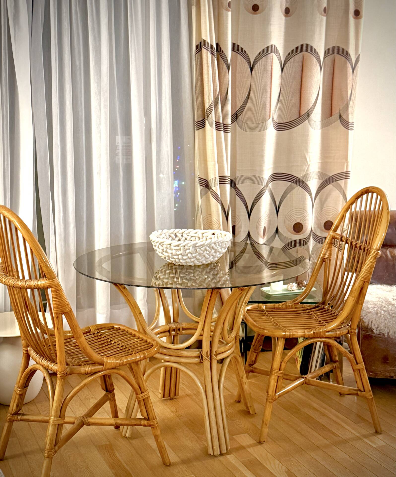 Smoked glass rattan table + chairs