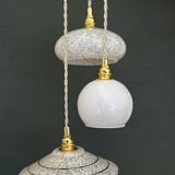 Vintage white glass triple globe suspension from Clichy and opaline.