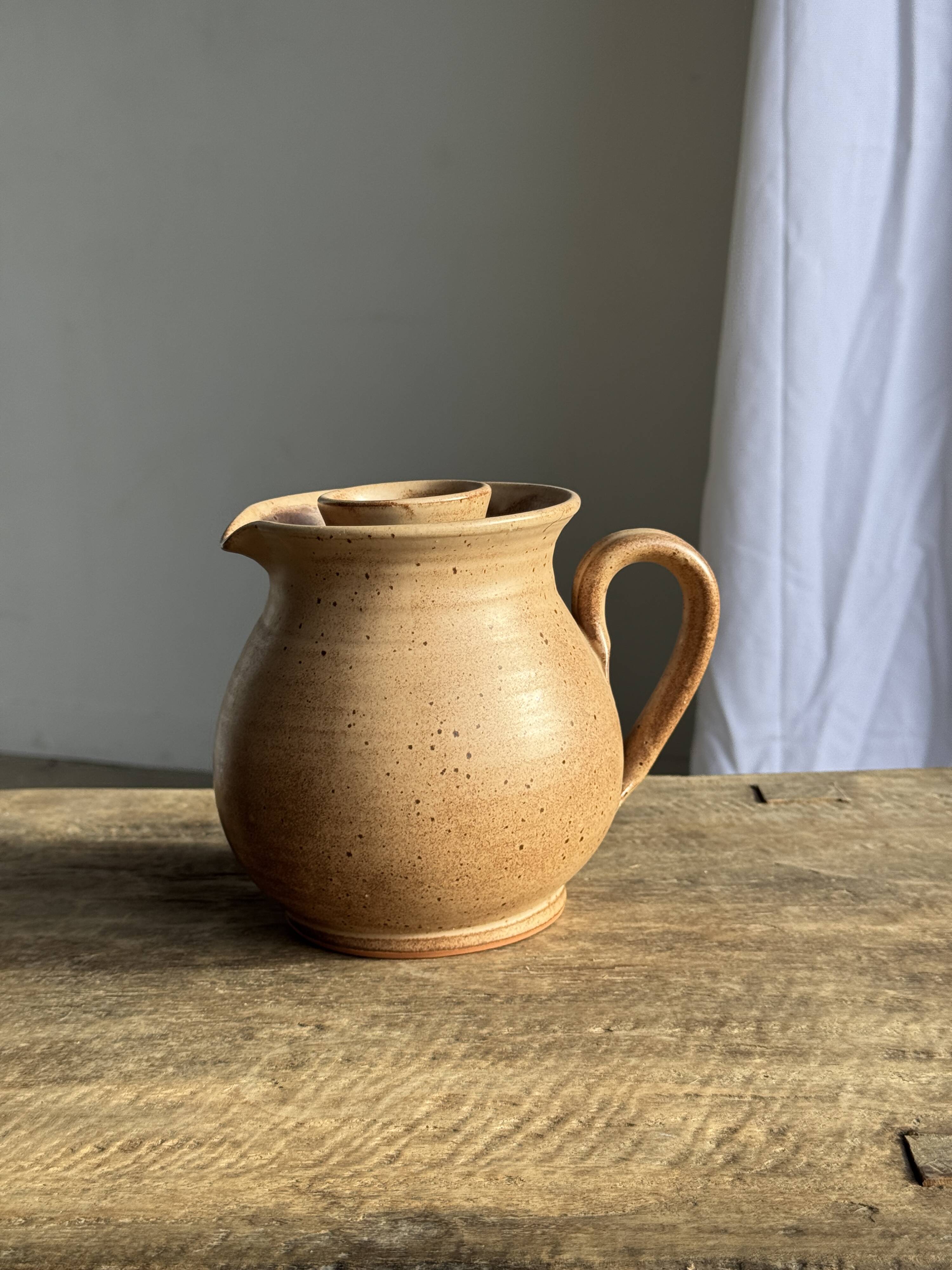 Vintage brutalist stoneware pink wine cooler pitcher H19