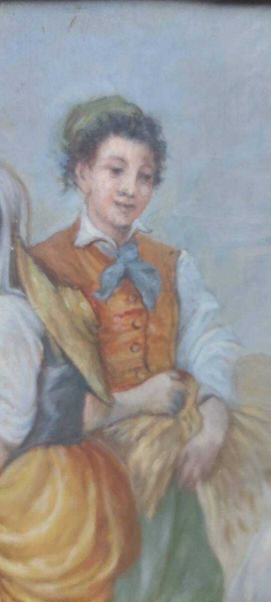 Antique 19th century wood panel, signed oil painting, popular scene