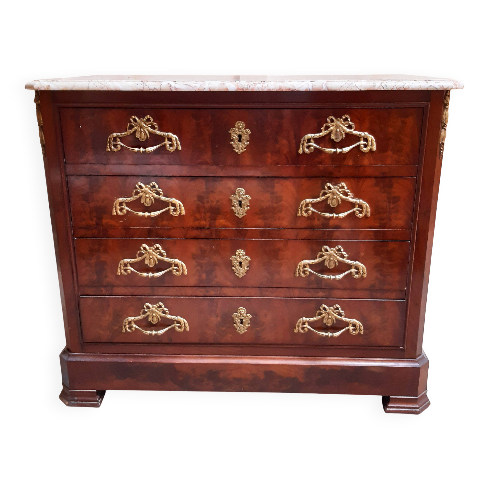 Commode ancienne avec plateau en marbre et placage en acajou