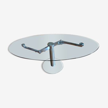 Glass and stainless steel dining table with 2-length system