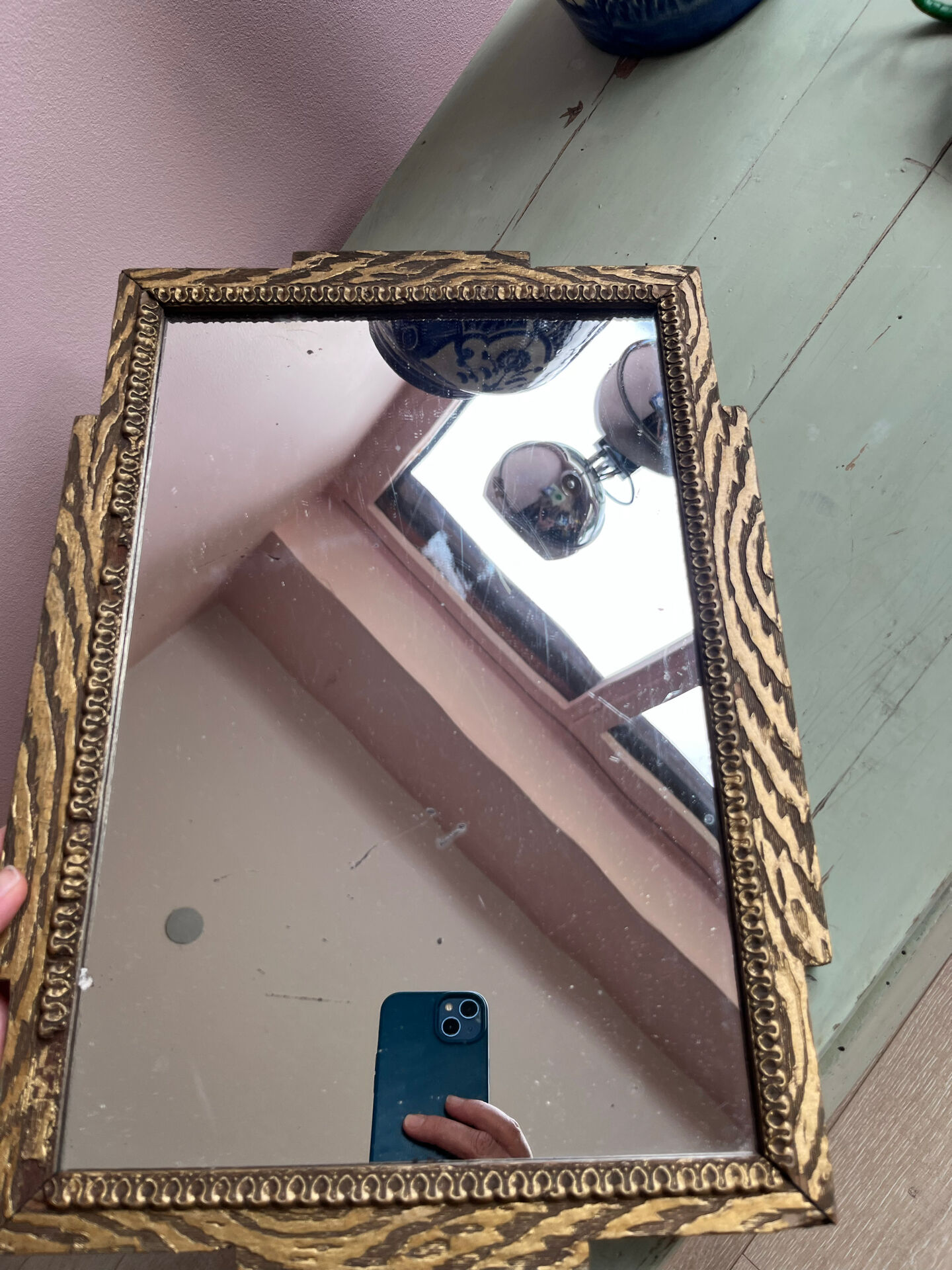 Rare striped Art Deco antique wooden mirror