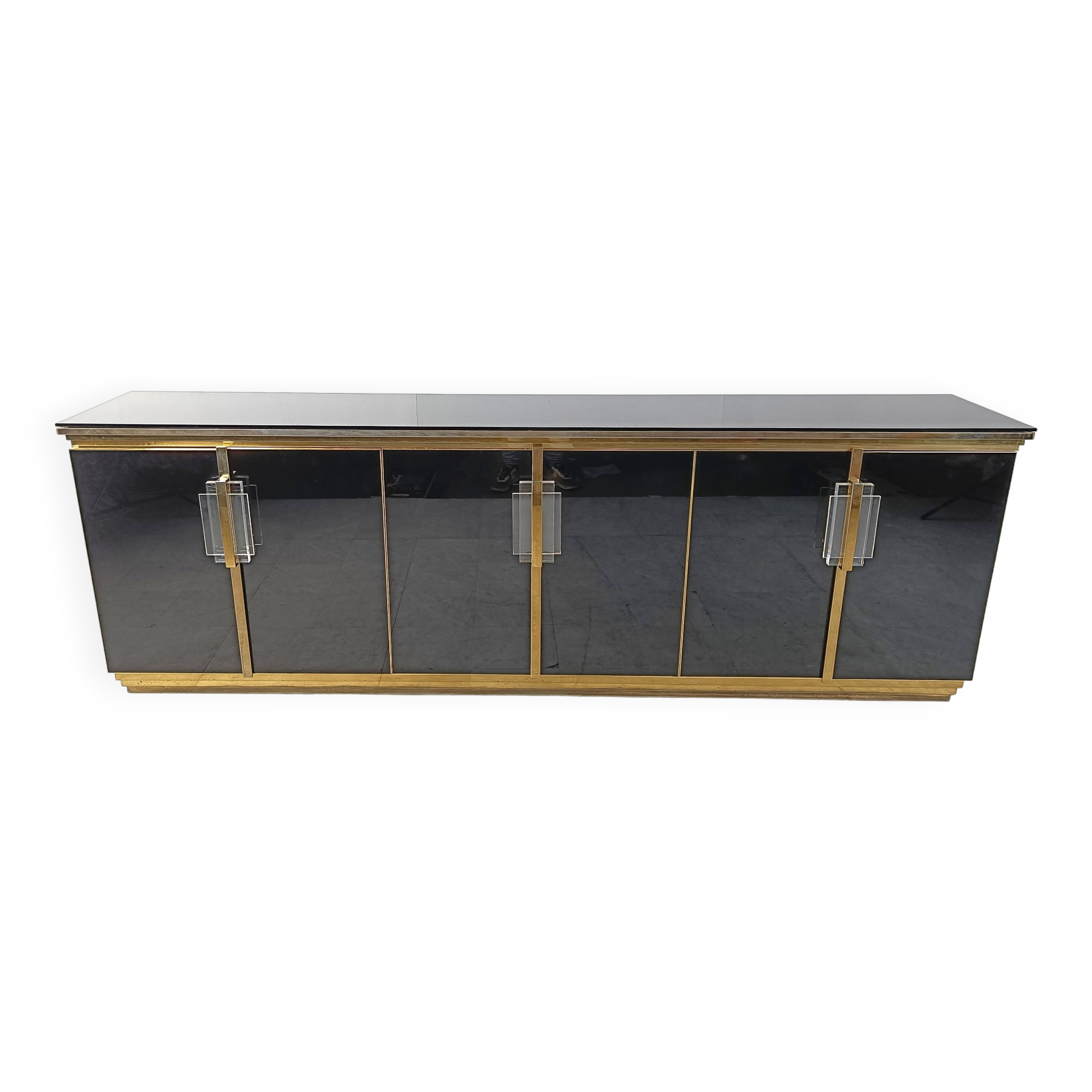 Vintage Black Lacquered and black glass credenza, 1980s