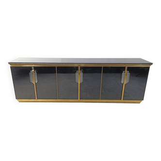 Vintage Black Lacquered and black glass credenza, 1980s