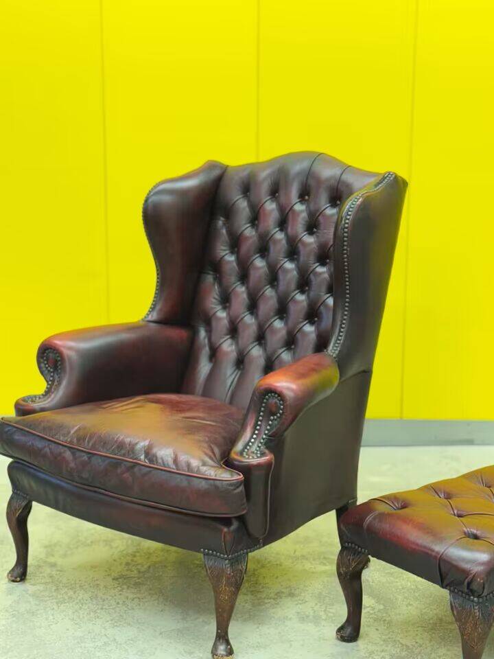 Burgundy leather chesterfield wing chair with Ottoman