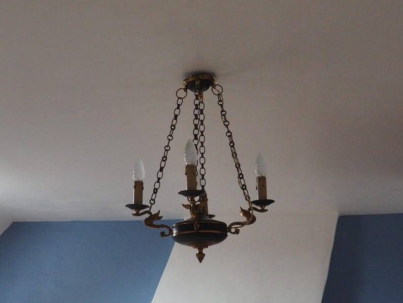 Vintage French Empire Swan Chandelier: Bronze Brass Toleware, C1950s