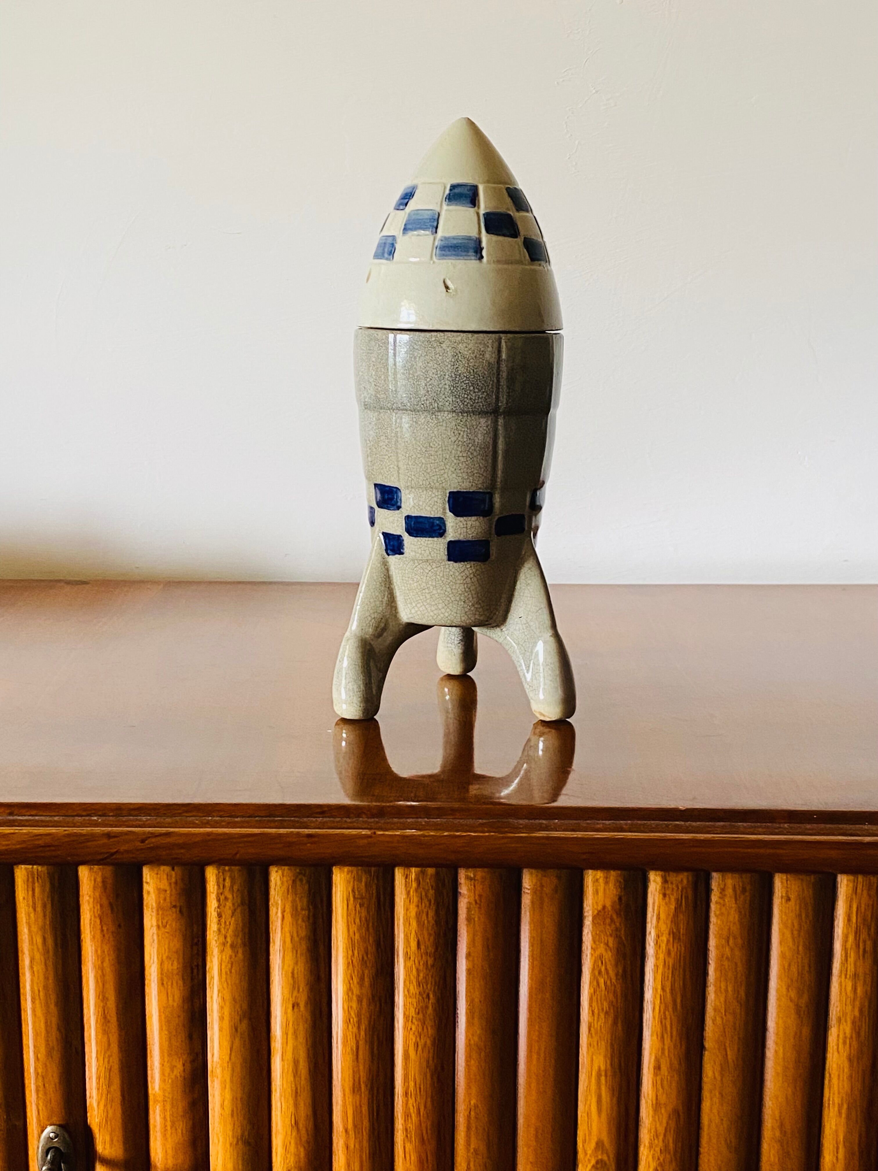 Ceramic rocket, spaceship bottle, France 1940s-1950s