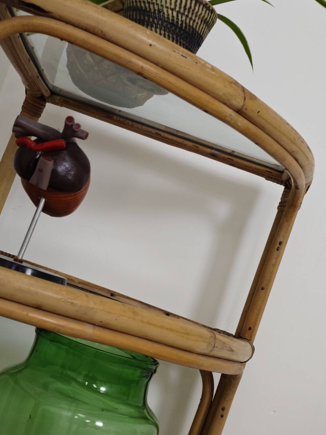 Rattan and glass corner shelf 1970