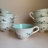 Set of 9 floral Luneville porcelain coffee cups with gold edges