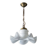 Lustre vintage, lustre opaline blanche et métal, suspension opaline, lampe