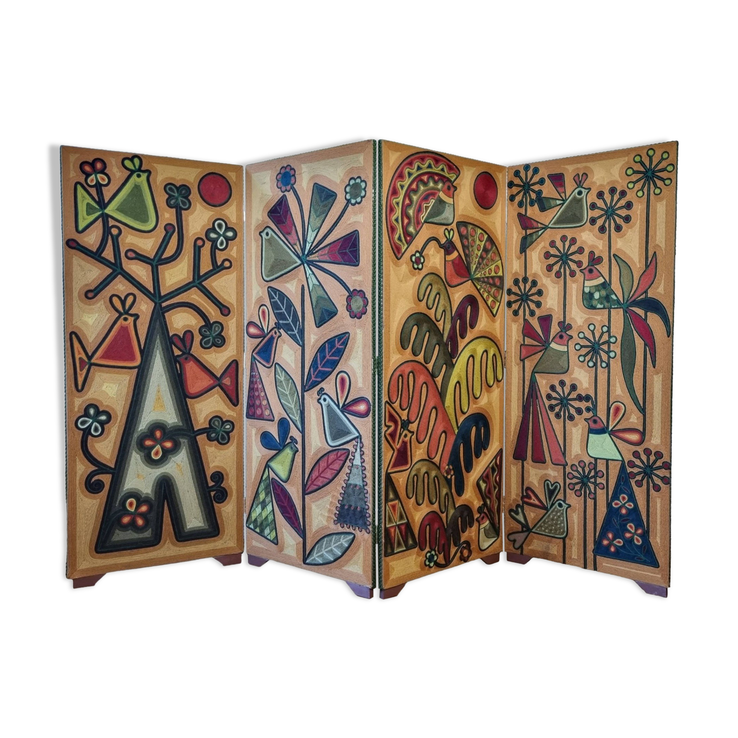 Screen decorated with wool threads, “Huichol” art, Sofia Ribeira, 124 cm