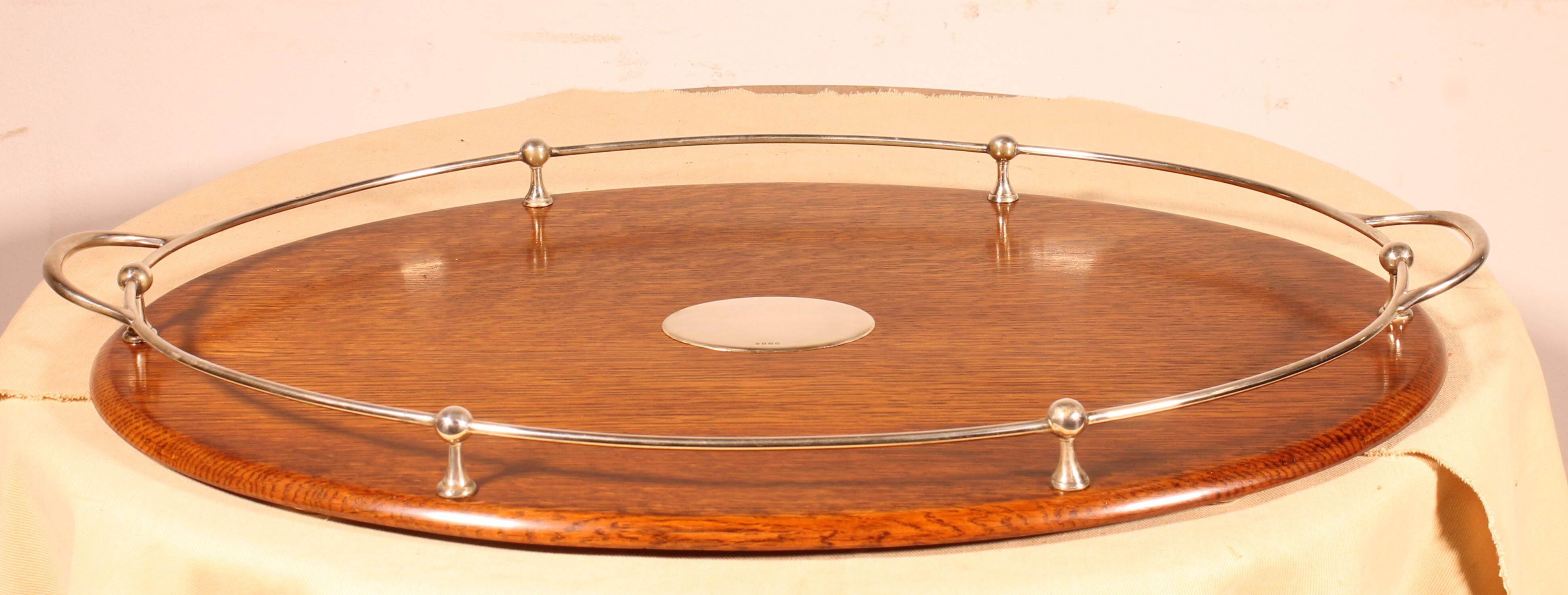 19th century silver-plated metal and oak tray