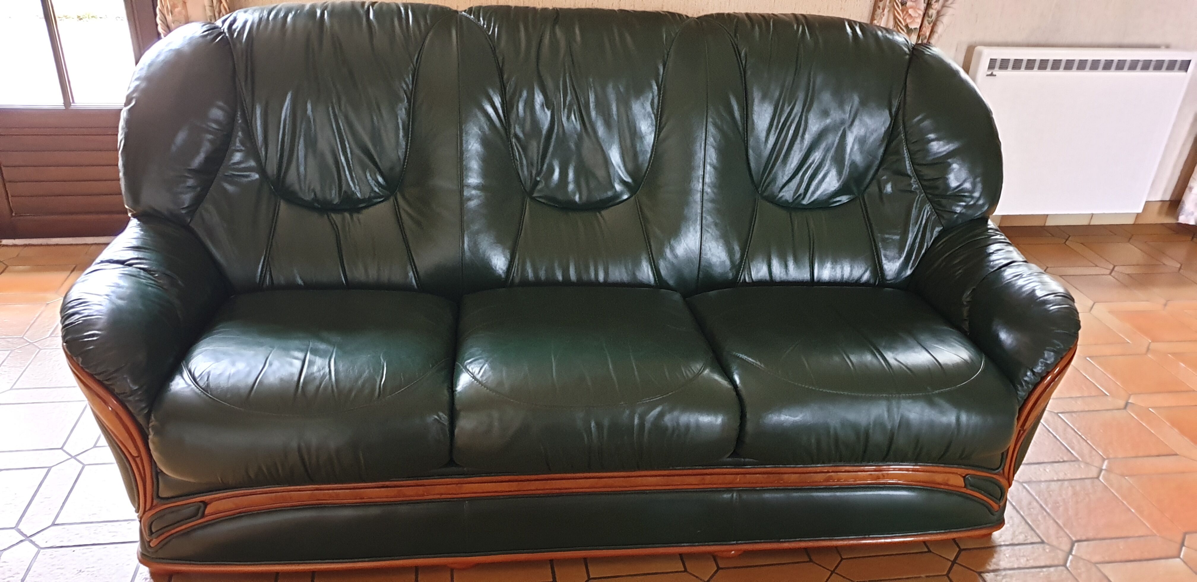 Sofa 3 seater green leather & wood