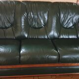 Sofa 3 seater green leather & wood