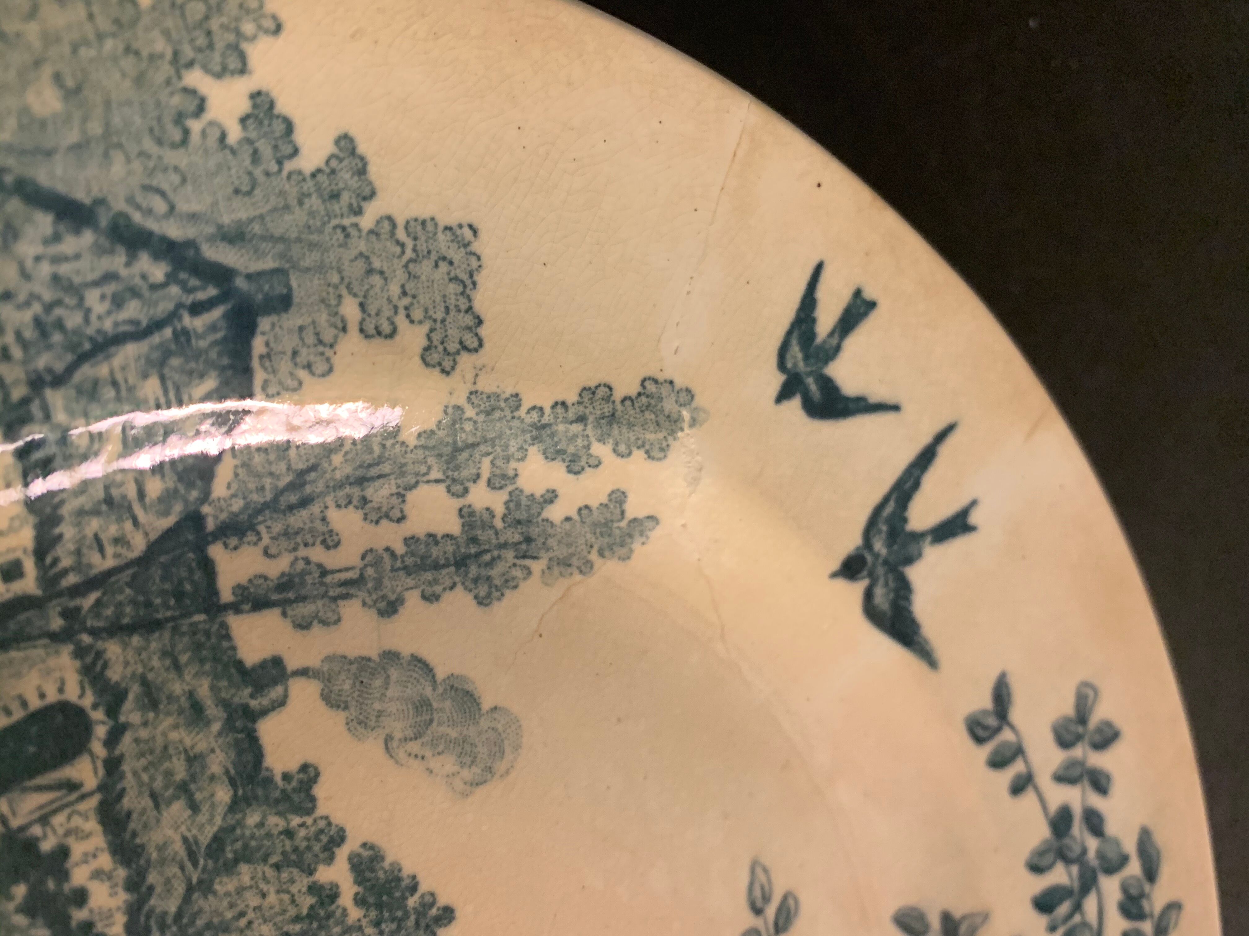 9 dessert plates old chickens, geese and pheasants blue field service Terre de Fer