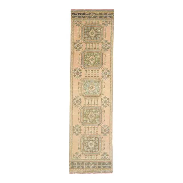 1970s Vintage Turkish Hand-Knotted Wool Cotton Orange Runner Rug 90x344