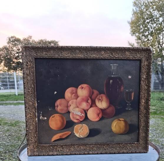 Still life on canvas by Rancière, depicting fruits and a carafe 1896.