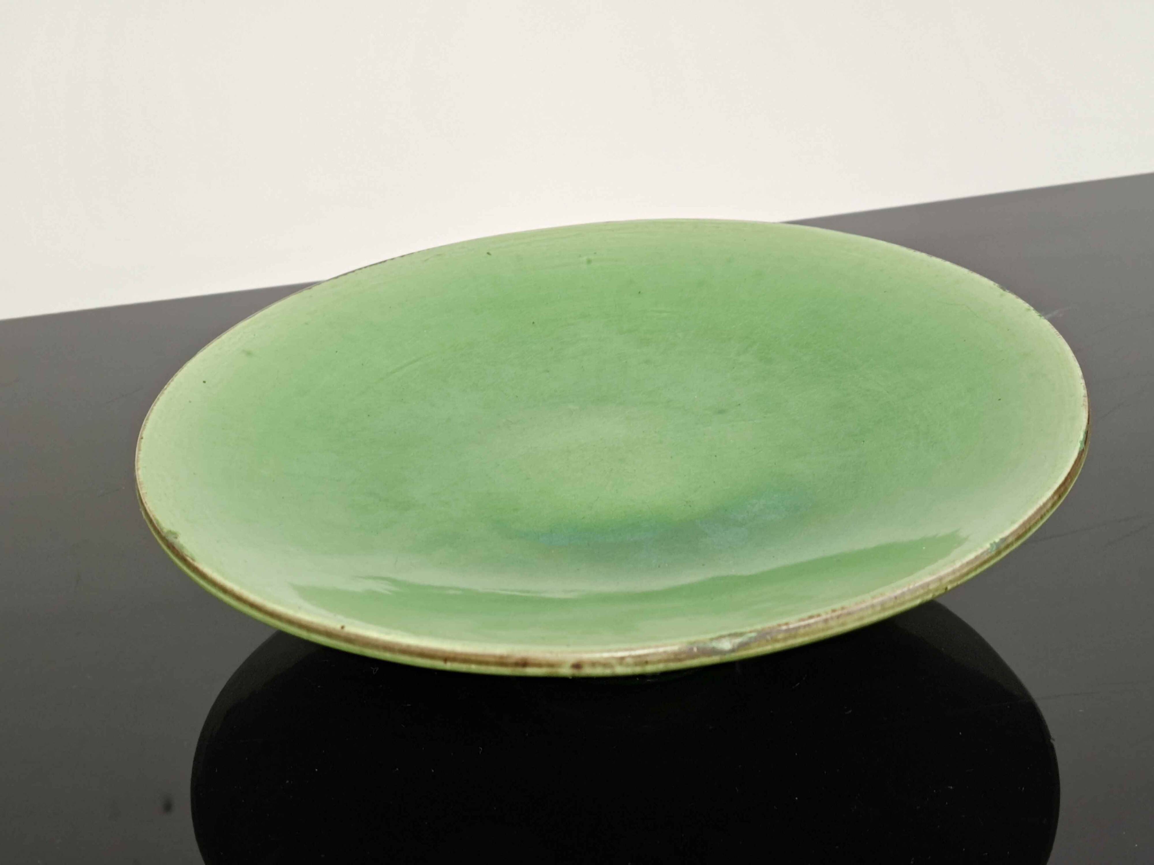 Vintage 50s-60s dish in green enamelled terracotta