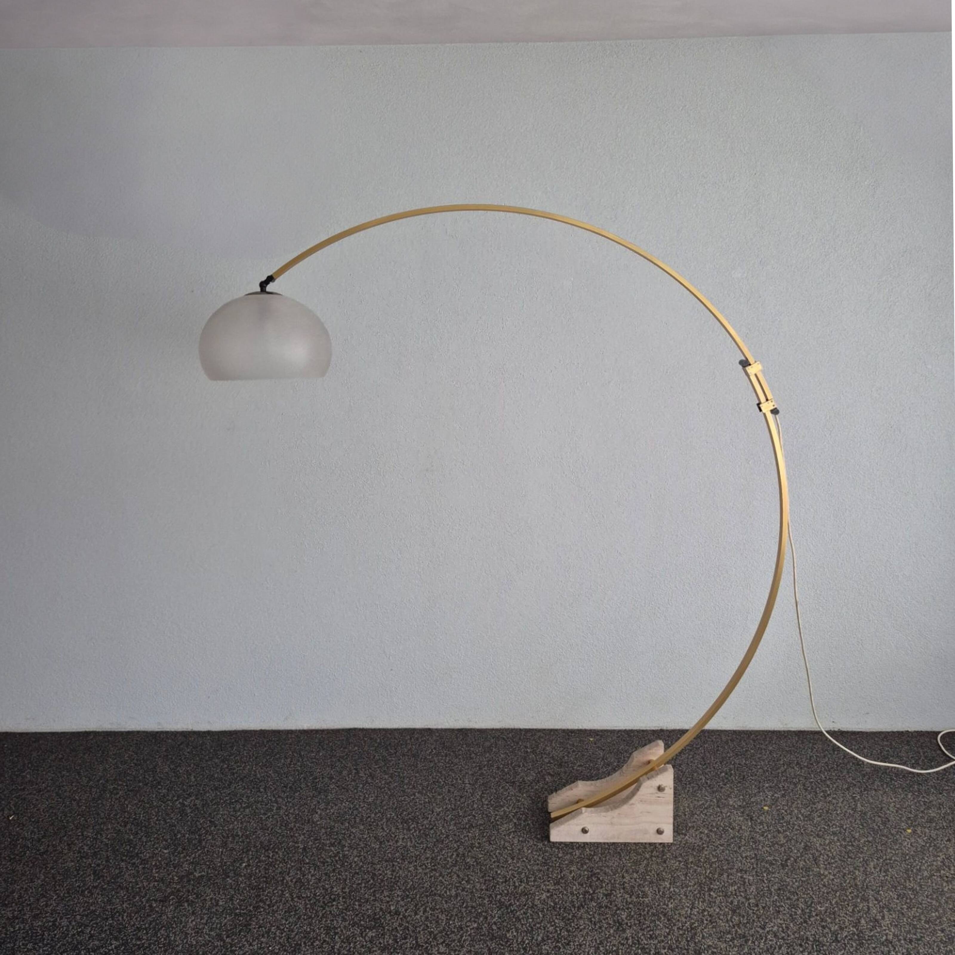 Space age Guzzini arc lamp with travertine base, Italy 1960s