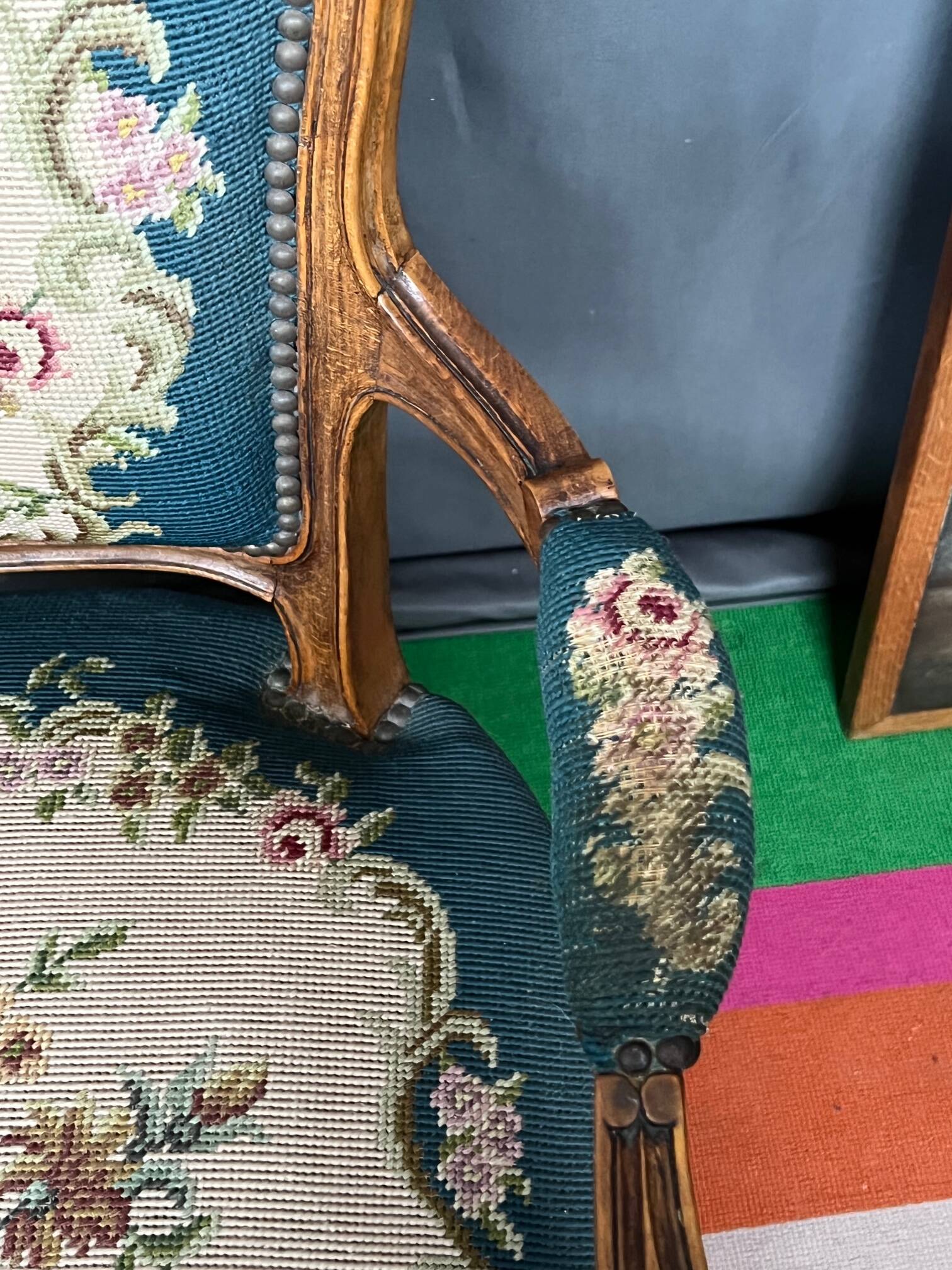 Pair of hand-embroidered armchairs. Walnut.