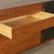 Classic sideboard from the 1960s, teak veneer, black doors, Bauhaus stainless steel feet