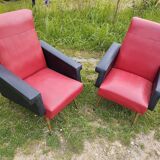Pair of vintage 60s armchairs – Red and black faux leather