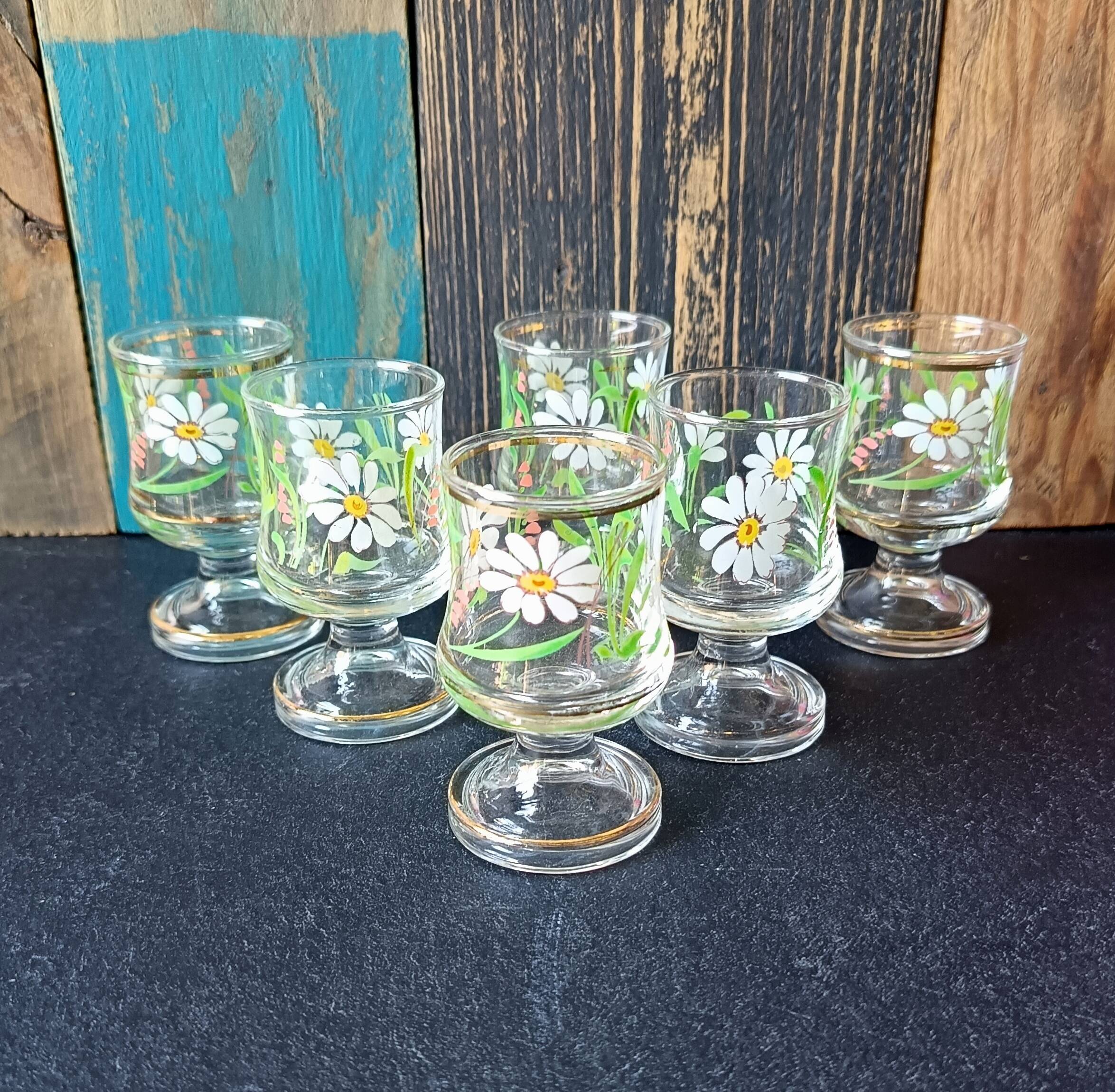 6 verres liqueur, décor fleurs vintage