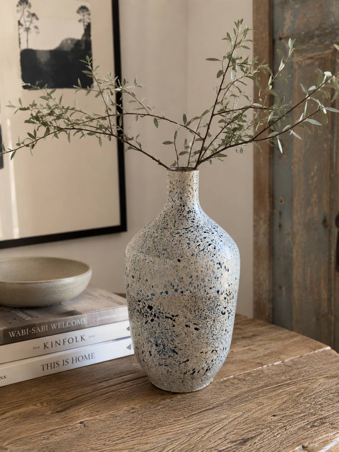 Speckled blue glazed stoneware vase – Vintage handmade ceramics – 28 cm
