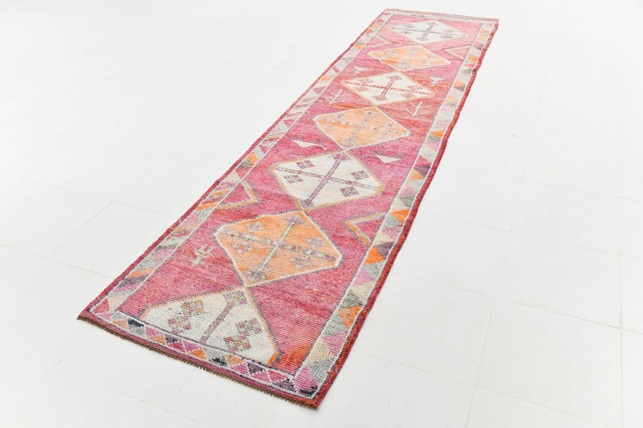 Tapis de couloir en laine rose fuchsia 3x12, style bohème rustique, 90x370 cm
