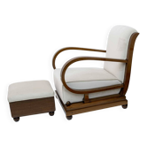 Art Deco Italian Walnut and Velvet Armchair and Ottoman, 1920s