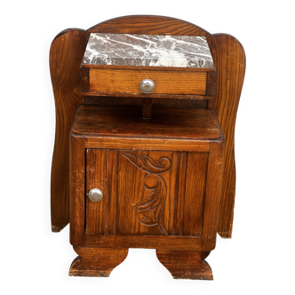Table de chevet art-deco en bois de chêne et marbre