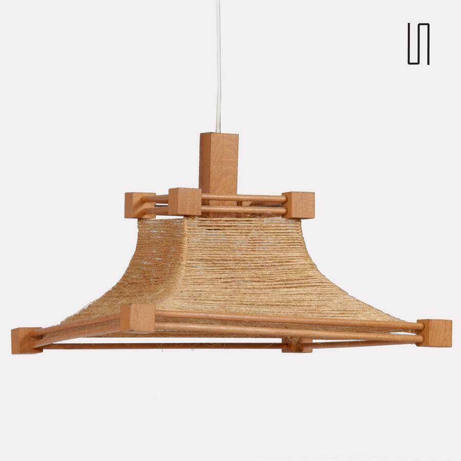 Vintage wooden and rope pendant light, 1960