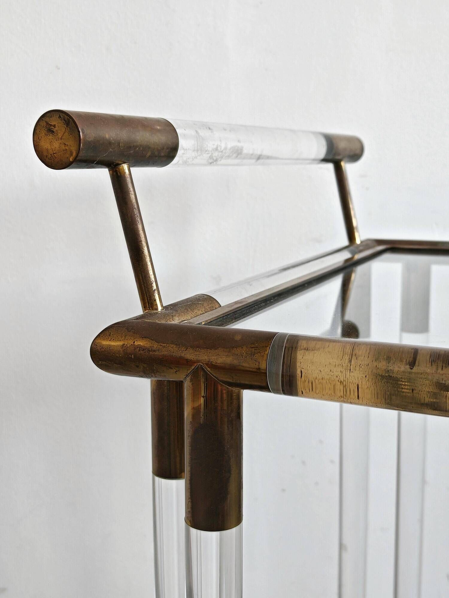 Modern mid-century bar cart in lucite, bronze, and glass, 1970s