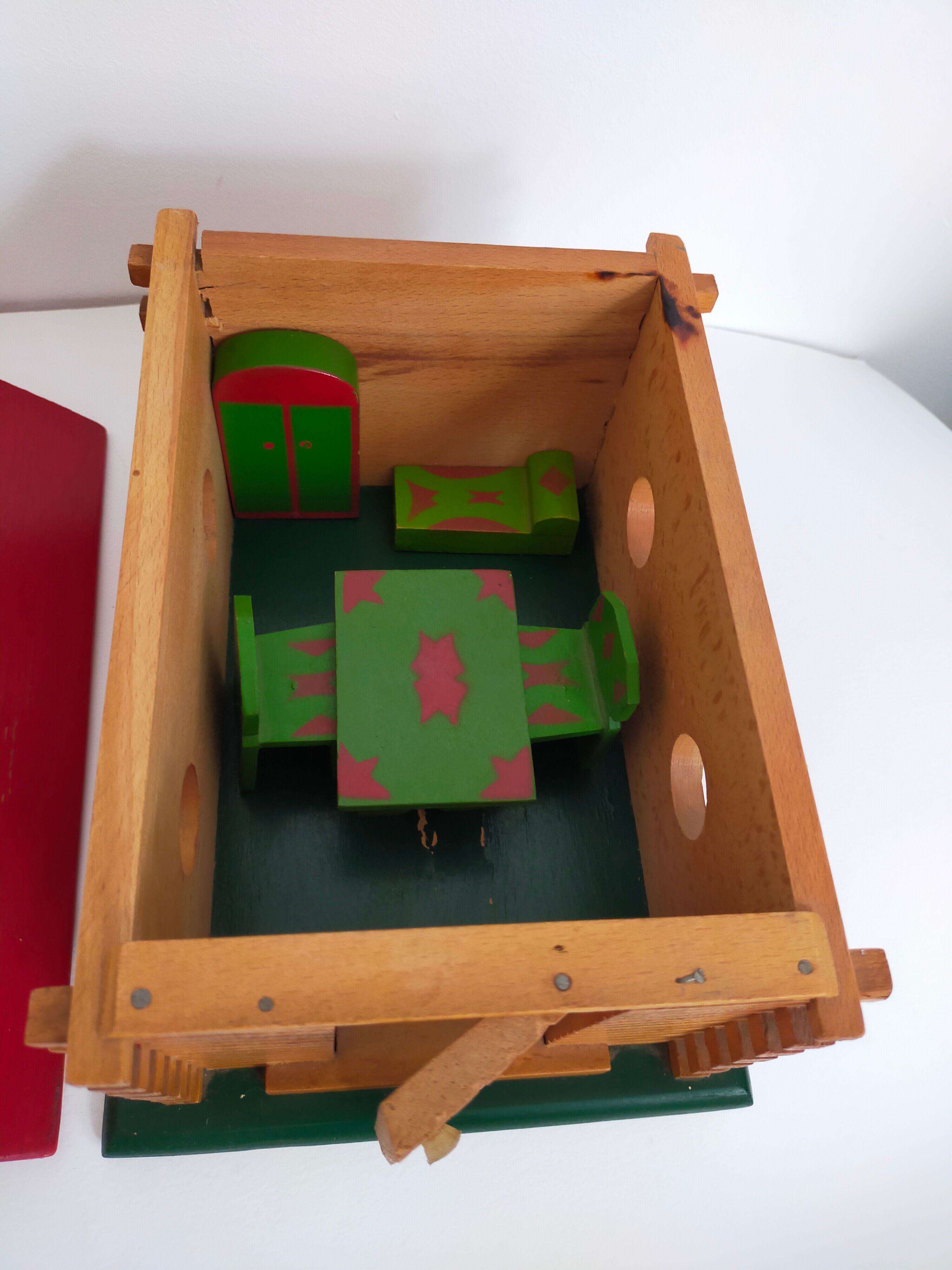 Wooden house furnished vintage toy child