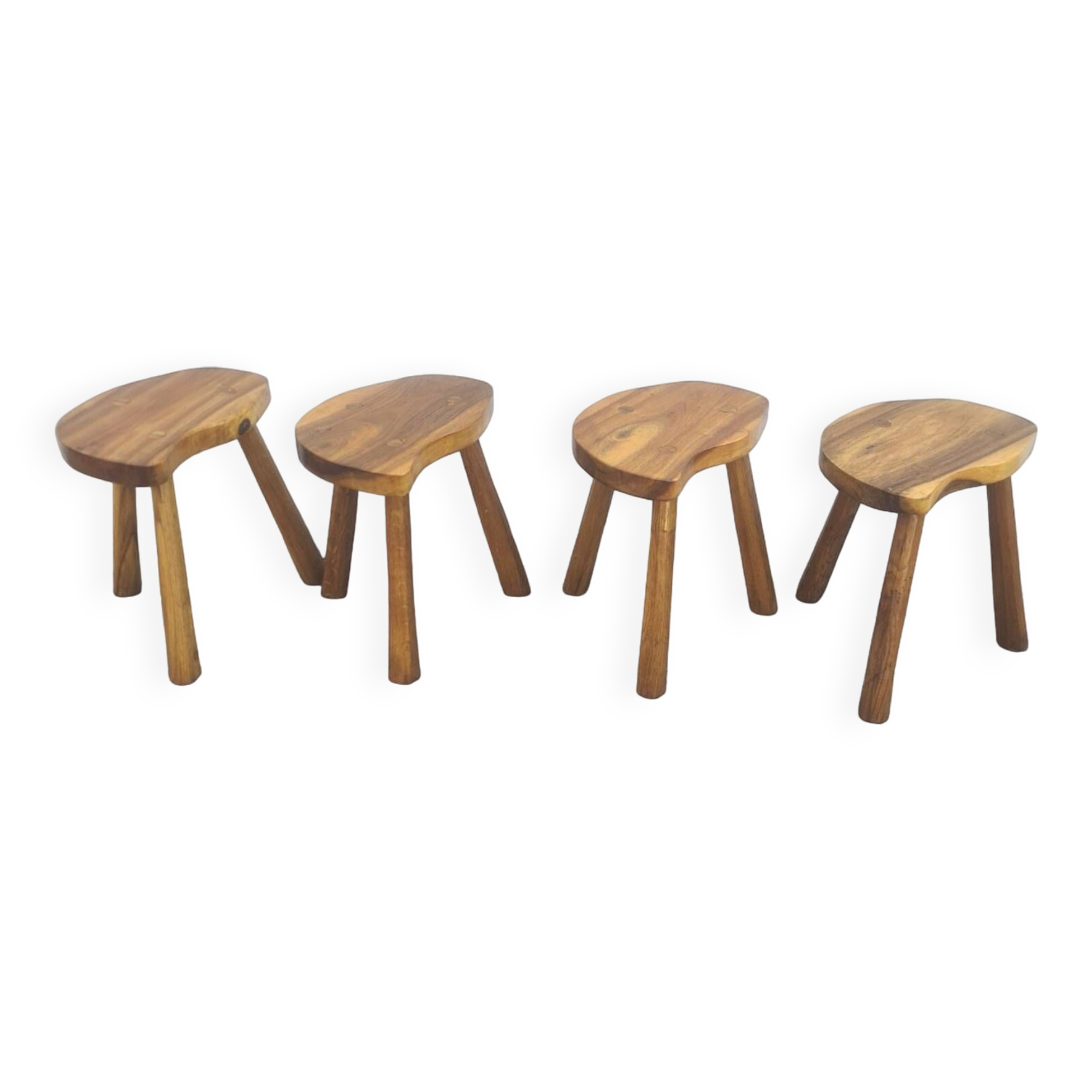 4 Vintage tripod stools, solid wood, brutalist, circa 1960