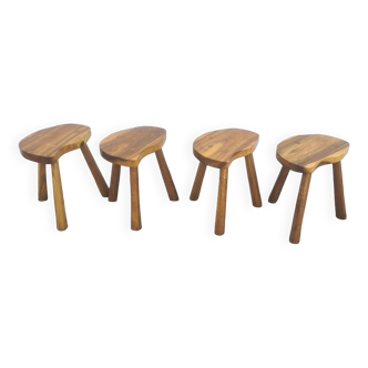 4 vintage tripod stools, solid wood, brutalist, circa 1960