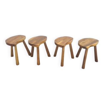 4 Vintage tripod stools, solid wood, brutalist, circa 1960
