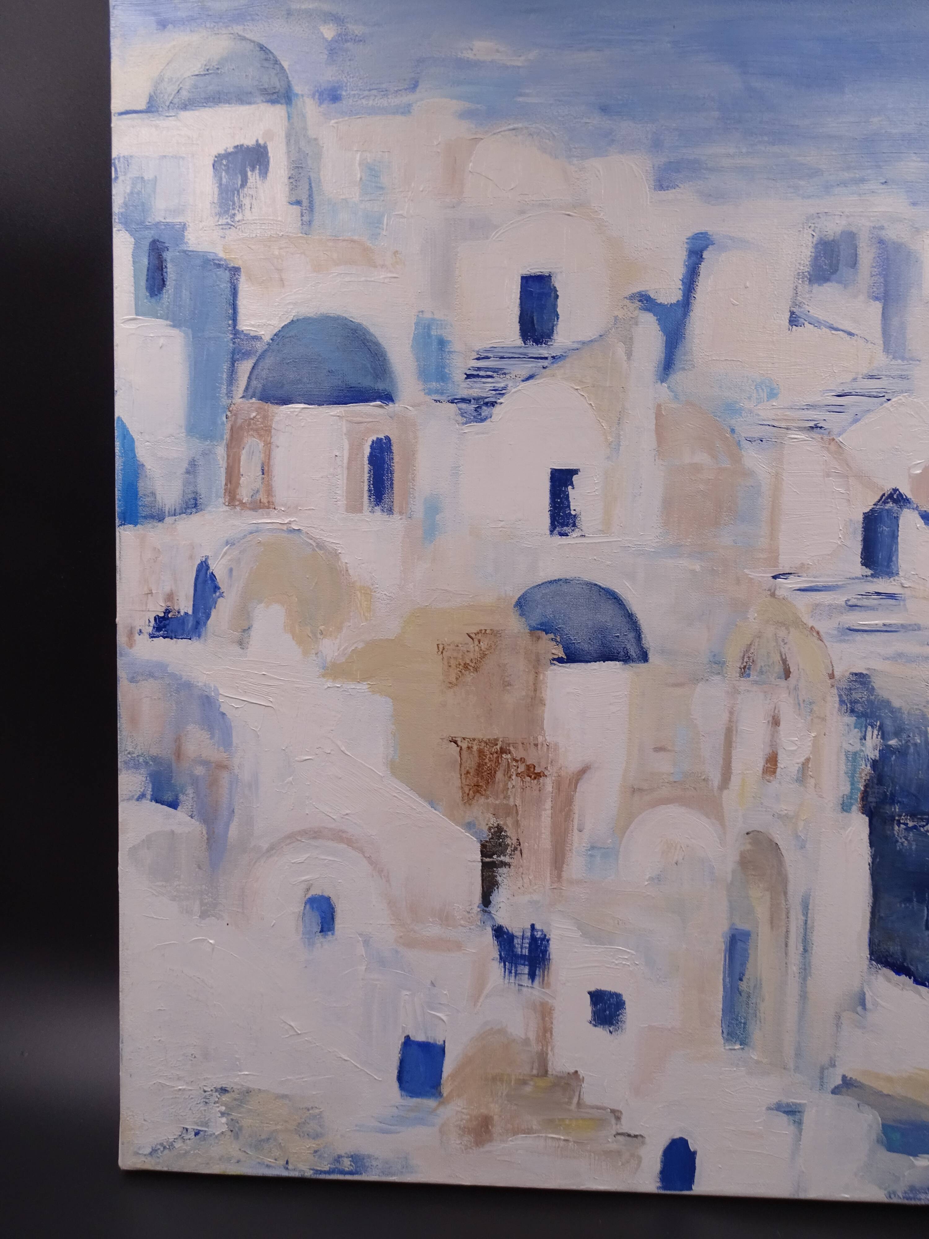 The Greek village - Pastel blue and ochre tones - Signed dated
