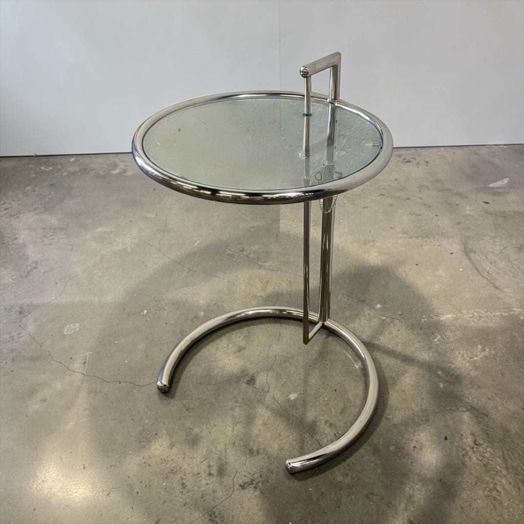 Vintage adjustable chrome side table with smoked glass.